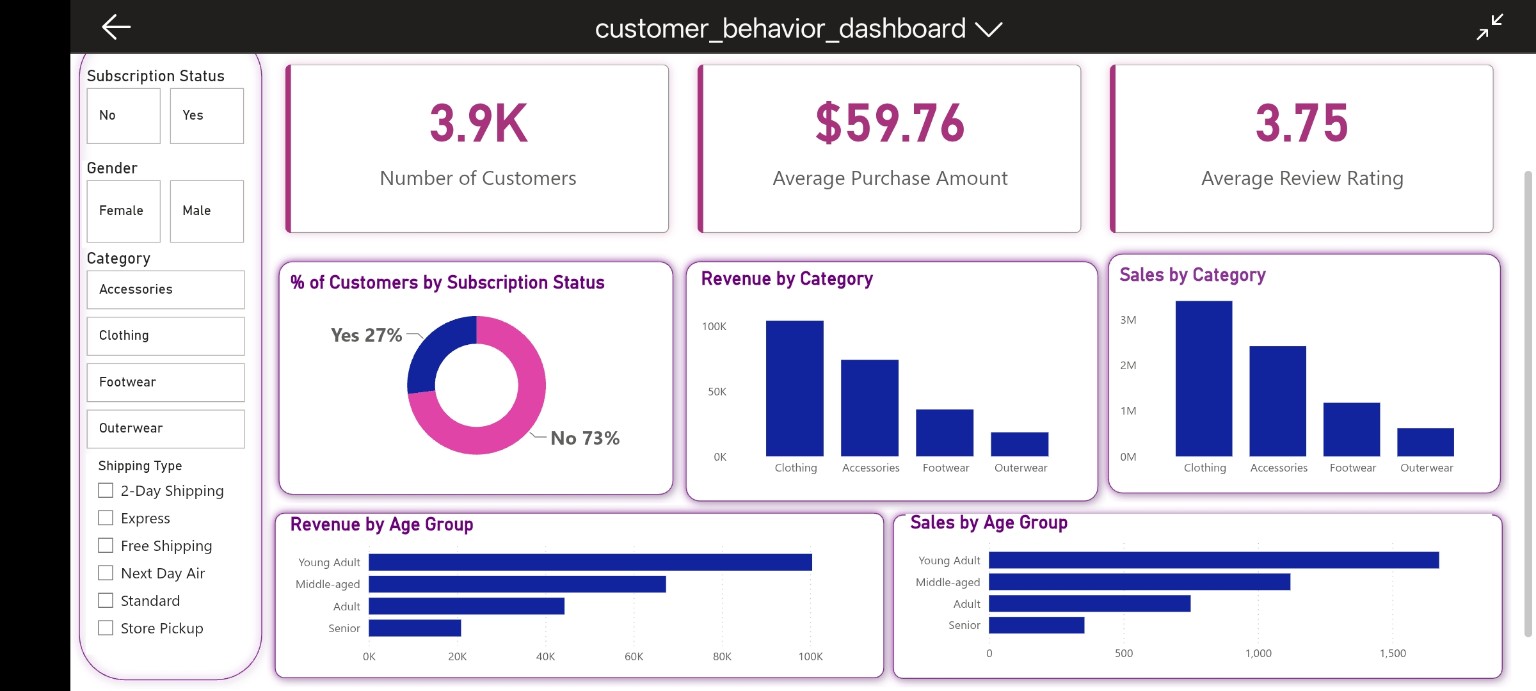 Actual Power BI Customer Behavior dashboard with customer count, average purchase amount, average review rating, subscription status and category analysis